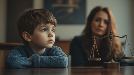 Cute child and mother at table with gavel of judge blurred in background, family law concept