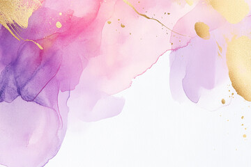 Watercolor and pastel background featuring soft pink and lilac hues with golden accents, creating serene and elegant atmosphere. Perfect for artistic and creative projects