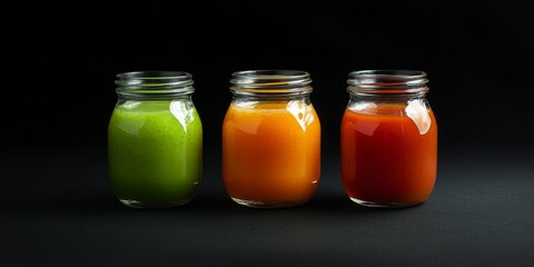 Poster - Three vibrant jars filled with colorful juices stand against a dark background. The bright green, orange, and red drinks showcase a fresh and healthy lifestyle. Perfect for food photography. AI