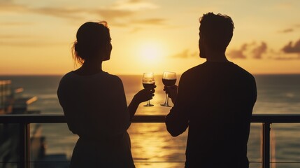 Romantic Sunset Silhouette on a Balcony Overlooking the Ocean