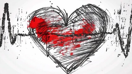 Poster - A hand-drawn heart filled with red color overlays an ECG line, representing life and emotion. The artistic style emphasizes the connection between heartbeats and feelings.