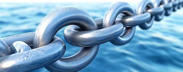 A close-up view of a silver metallic chain against a serene blue water background, symbolizing strength and connection.