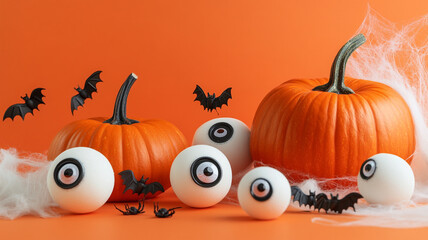 a vibrant halloween decoration showcases two pumpkins surrounded by white eyeballs and black bats