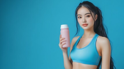 Wall Mural - Young asian woman drinking whey protein in the morning