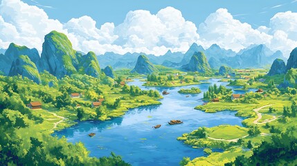 Wall Mural - Cartoon illustration - landscape of the mountain with river , mountains and trees.