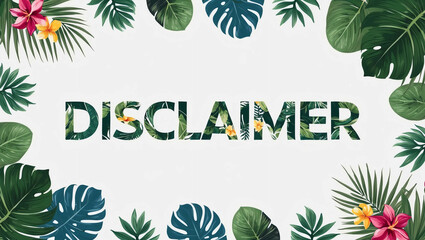 Disclaimer lettering with tropical plants leaves and flowers design on plain white background