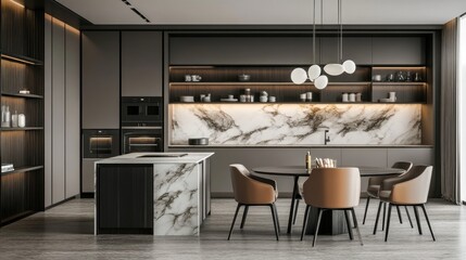 Sticker - Modern Kitchen with Marble Backsplash and Sleek Design