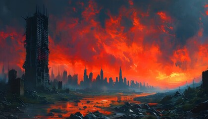 Wall Mural - Red-skied apocalyptic landscape showcasing crumbling civilizations, perfect for survival and dystopian themes in storytelling