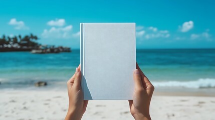 Wall Mural - Woman hands with white blank book on the beach