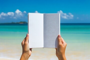 Wall Mural - Woman hands with white blank book on the beach