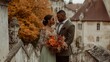 © Maria Zamchiy  - Autumn wedding day of beautiful young adult black couple, bride and groom in elegant festive clothes against fall yellow and crimson landscape outdoors, AI generated image