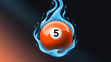 Wall Mural - Magic five ball in blue flames. A striking image featuring a orange billiard ball with the number five engulfed in mystical blue fire on a dark background.