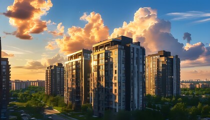 Vibrant urban landscape under bright sun with intriguing shadows and artistic cloud formations in a clear blue sky