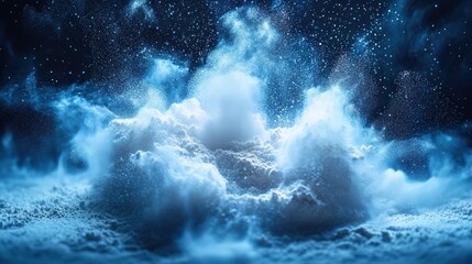 A mystical cloud formation illuminated by soft blue light, creating a serene and ethereal atmosphere with a starry background.