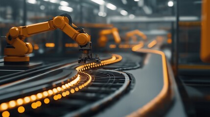 Poster - Automated Precision: A robotic arm poised above a luminous assembly line, embodying the future of manufacturing with its cutting-edge technology and seamless automation.  