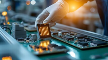 Poster - Precision in Semiconductor Manufacturing: A gloved hand meticulously places a microchip onto a circuit board, bathed in the warm glow of a high-tech factory.