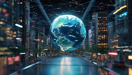 Wall Mural - Futuristic 3D globe with dynamic network connections and lively cityscape, perfect for immersive VR experiences in global studies