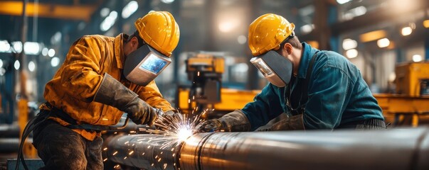 Engineers welding sections of hydrogen pipelines, ensuring secure and leak-proof connections, welding hydrogen pipeline, pipeline assembly