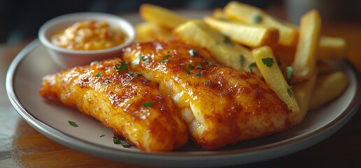 Wall Mural - Closeup of crispy fried fish fillets with french fries and dipping sauce on a plate.