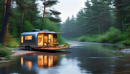 Stylish camper nestled in tranquil forest by a serene river, reflecting modern small-scale mobile living design