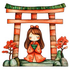 Canvas Print - Watercolor illustration of a Japanese girl in a red kimono standing under a torii gate.