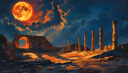 Wall Mural - Mystical red moon illuminating ancient ruins, evoking intrigue and history in a dramatic nightscape