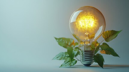 Wall Mural - A close-up of a light bulb with green leaves growing around it, set against a white background, symbolizing the concept of sustainable energy. 4k