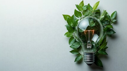 Wall Mural - A close-up of a light bulb with green leaves growing around it, set against a white background, symbolizing the concept of sustainable energy. 4k