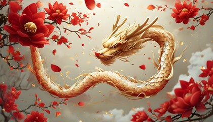 Golden dragon surrounded by a swirling cascade of red and gold petals in traditional Chinese art, celebrating rich cultural heritage