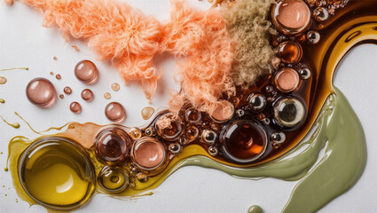 A mixture of vibrant bubbles, oils, and textures resembling fibers on a white background. Colors ranging from orange and amber to green and yellow.