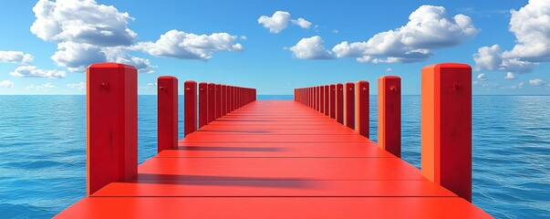 A vibrant red pier extends into a serene blue lake under a sunny sky with fluffy clouds, perfect for relaxation and reflection.