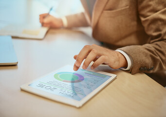Poster - Hands, tablet and statistics with graphs, documents and entrepreneur for connection at digital agency as art director. Creative person, project and notes for design, brief or online website research