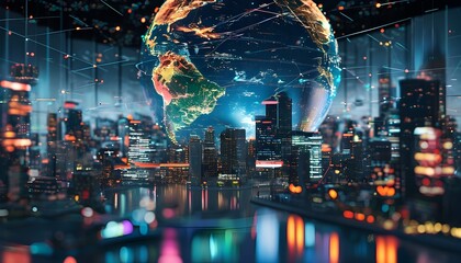 Wall Mural - Futuristic 3D globe with dynamic network connections and lively cityscape, perfect for immersive VR experiences in global studies