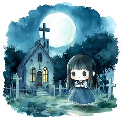 Wall Mural - Cute Girl Standing in Front of a Church at Night with a Full Moon.