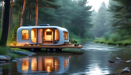 Wall Mural - Stylish camper nestled in tranquil forest by a serene river, reflecting modern small-scale mobile living design