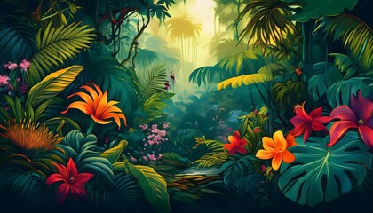 Lush jungle with tropical flowers and ferns