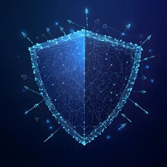 Medical security health shield translucent low poly triangle futuristic glowing surrounded by arrows. On dark blue background. Immunity protection medical innovation concept.