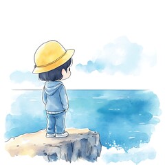 Wall Mural - Child in Yellow Hat Looking Out at the Ocean Watercolor Illustration.