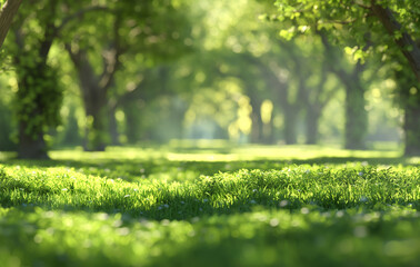 Wall Mural - beautiful blurred background of natural spring green grass and forest meadow with trees on a sunny d