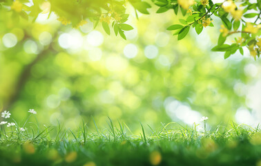 Wall Mural - beautiful blurred background of natural spring green grass and forest meadow with trees on a sunny d