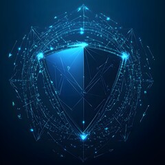 Wall Mural - Medical security health shield translucent low poly triangle futuristic glowing surrounded by arrows. On dark blue background. Immunity protection medical innovation concept.