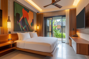 Wall Mural - A photograph of the master bedroom in an ultra-luxury bungalow hotel resort suite with a modern minimalist design, featuring a double bed and a flat-screen TV mounted on the wall