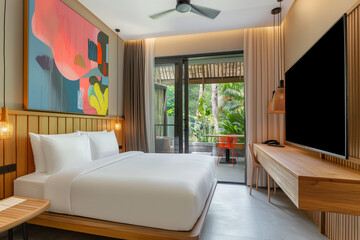 Wall Mural - A photograph of the master bedroom in an ultra-luxury bungalow hotel resort suite with a modern minimalist design, featuring a double bed and a flat-screen TV mounted on the wall