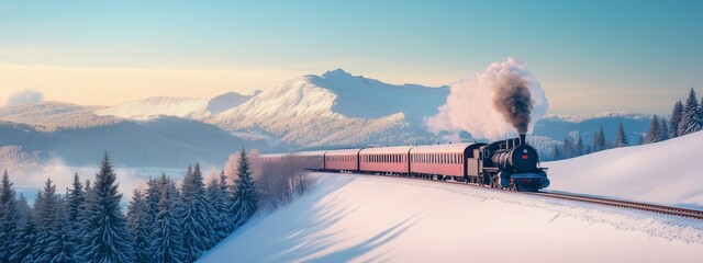 Beautiful retro steam locomotive against the backdrop of a snowy mountain forest landscape with copy space.  Travel, passenger transportation.  Public transport