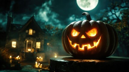 Halloween pumpkin with candlelight in front of a haunted house background,