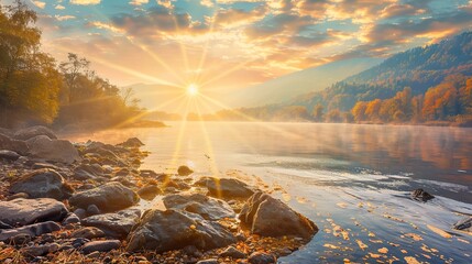 Wall Mural - Autumn_Beach_sunrise_Mountain_river_beautiful