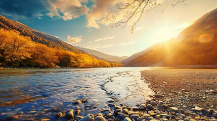 Wall Mural - Autumn_Beach_sunrise_Mountain_river_beautiful