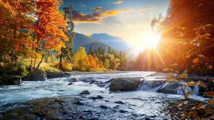 Wall Mural - Autumn_Beach_sunrise_Mountain_river_beautiful