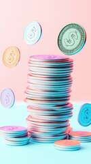 Wall Mural - Stack of Dollar Coins on Pink and Blue Background.