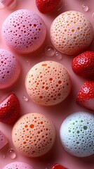 Colorful foam balls and fresh strawberries create a playful and vibrant composition, perfect for food and dessert themes.